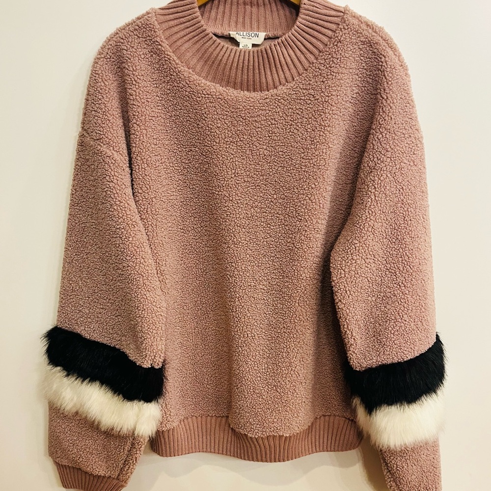Allison New York Women's Pink Sweater with Black and White fur Accents